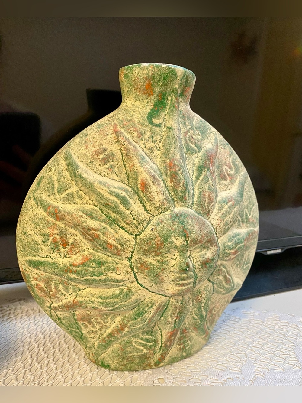 Sun Face Textured Decorative Vase 🏺 Vintage Mexican terracotta pottery